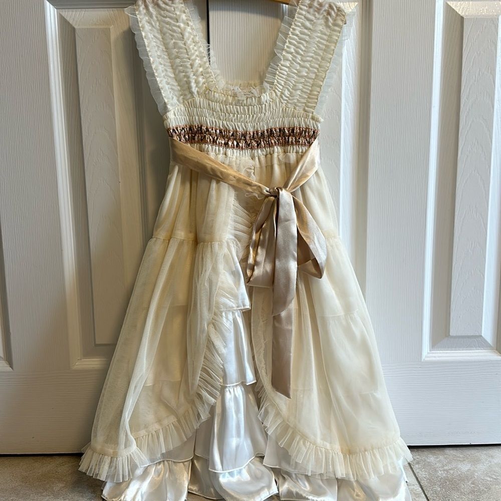 Luna Luna Girls Dress Ivory Tan Ruched Bodice Embroidered Band Layered Ruffles 6